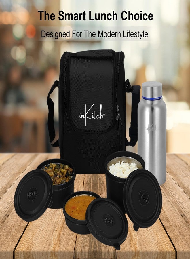 inKitch Microwave Safe Lunch Box Set with Bag | 3 Stainless Steel Inner Containers & 1 Steel Bottle | Leakproof Tiffin Box for Office, School, College | Durable, Easy to Carry, Black - Image 4